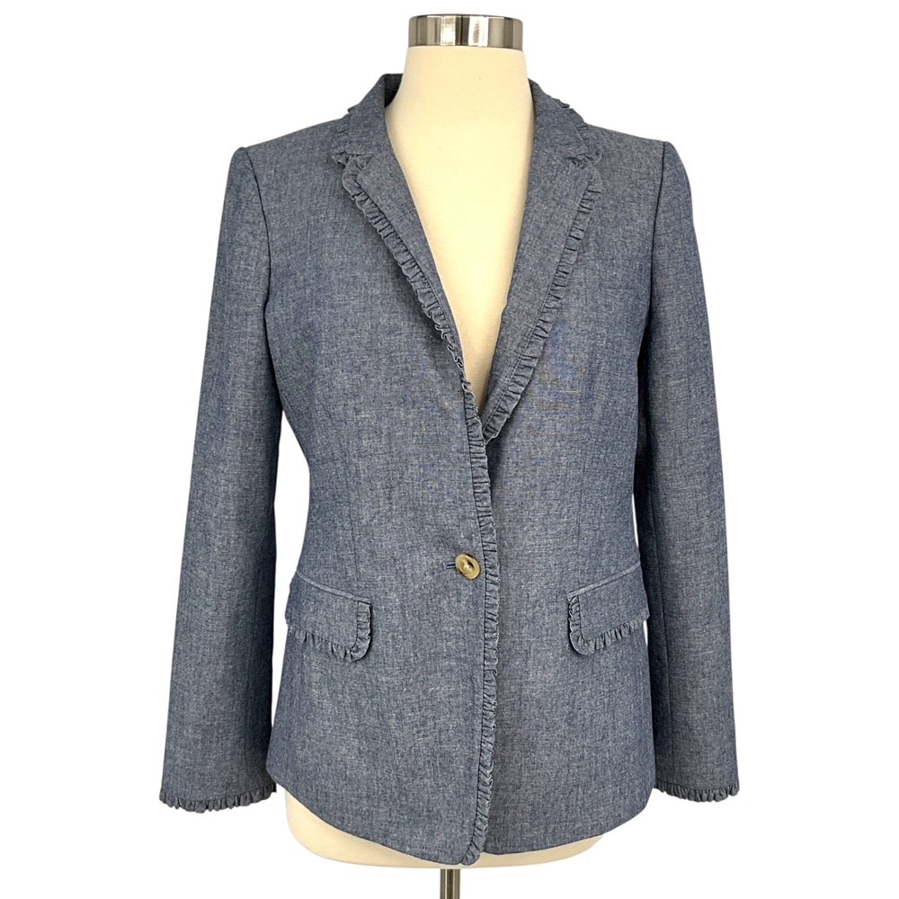 J.Crew Regent Blazer Womens 6 Blue Chambray Ruffle Trim One Button Jacket